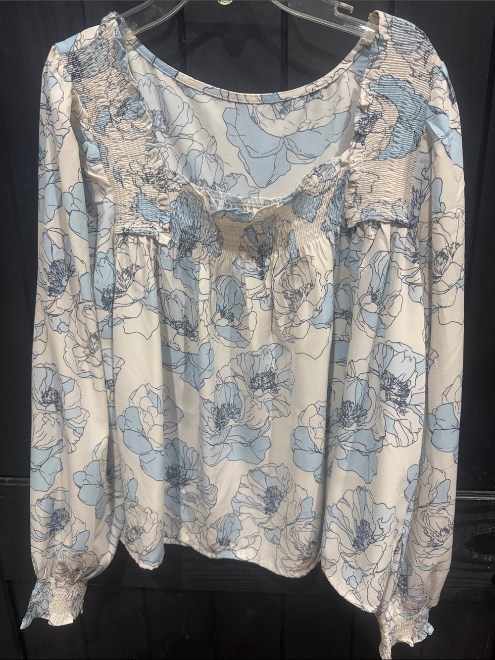 Smocked Floral Peasant Blouse - Light Blue and White
